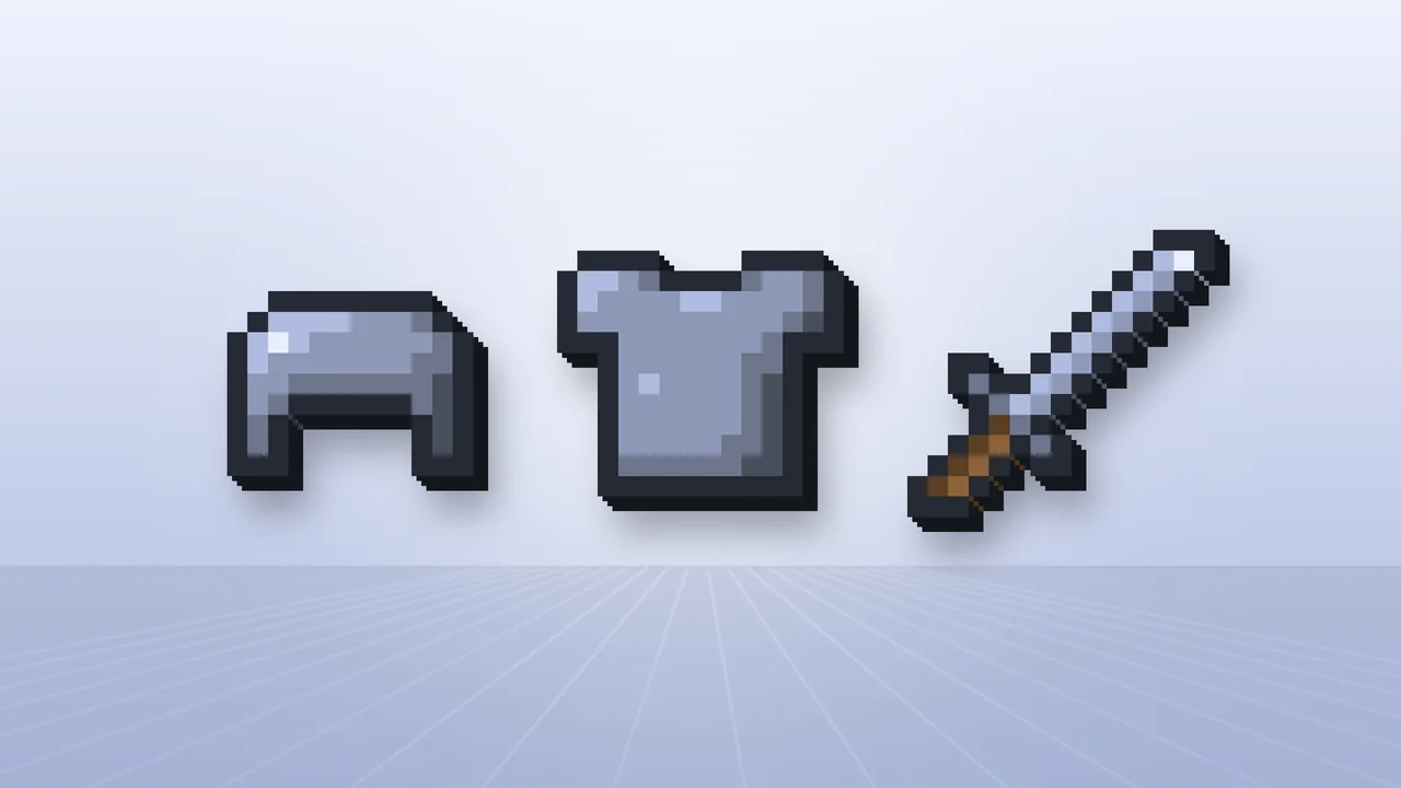 Platinum helmet, chestplate and sword rendered in pixel style on a studio backdrop