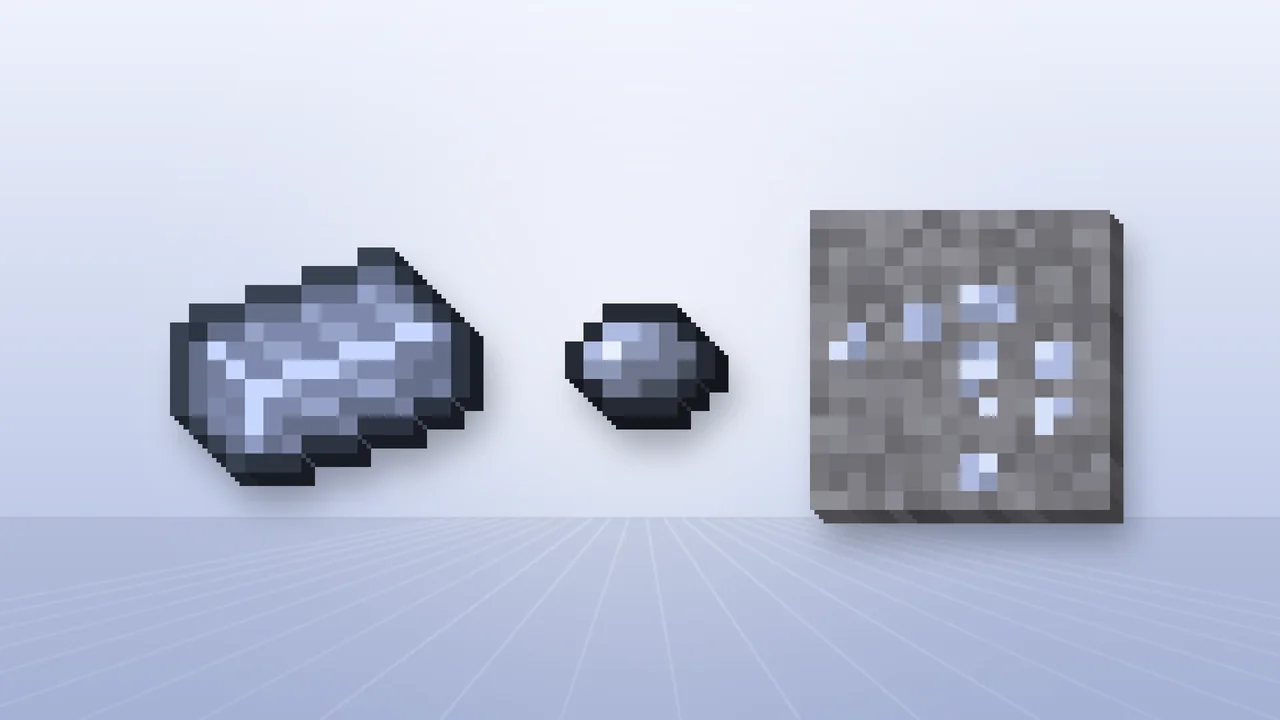 Platinum ingot, nugget and platinum ore block rendered side by side