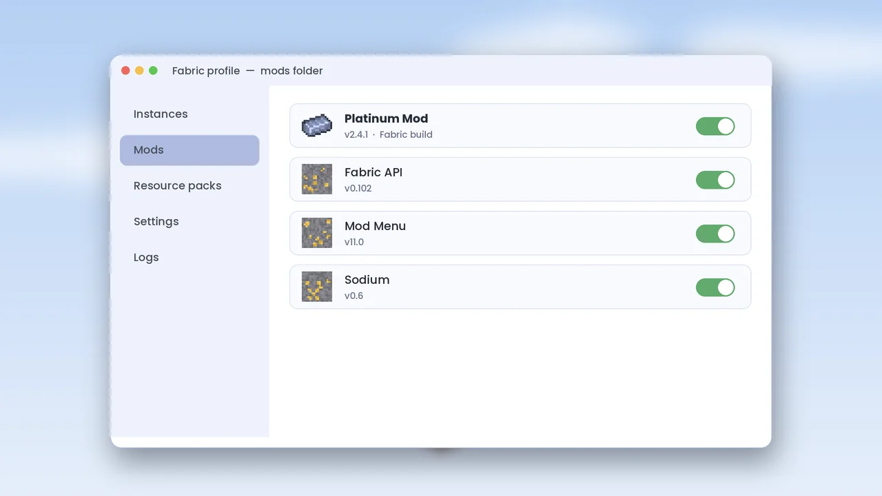 Mod manager window listing Platinum Mod, Fabric API and other enabled mods