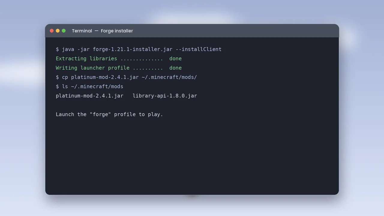 Terminal running the Forge installer and copying the Platinum Mod jar to the mods folder
