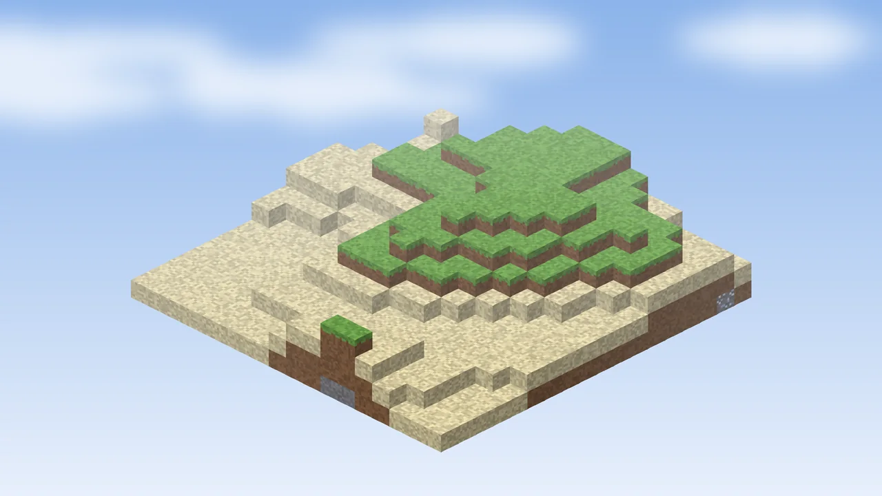 Minecraft island landscape with sand, grass and stone representing a multiplayer server world