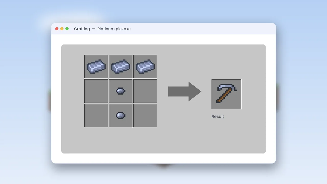 Pickaxe recipe Crafting grid with platinum ingots making a platinum pickaxe