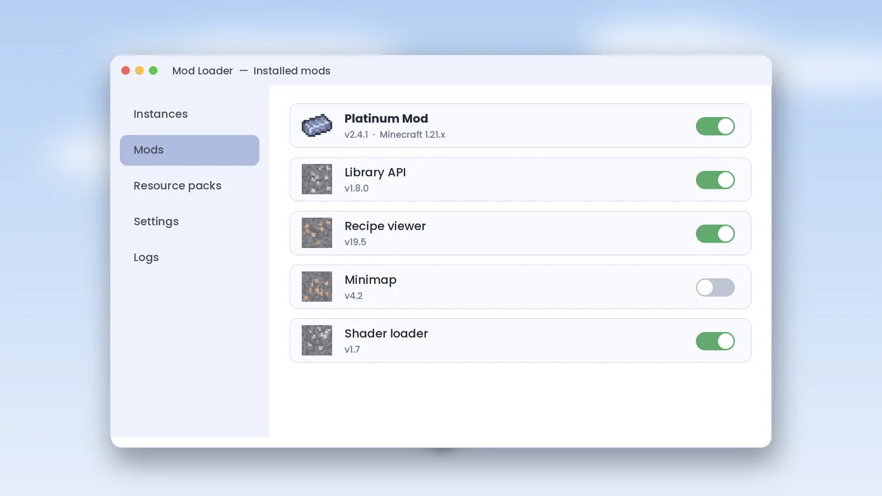 Mods menu Mod manager listing Platinum Mod alongside other enabled mods