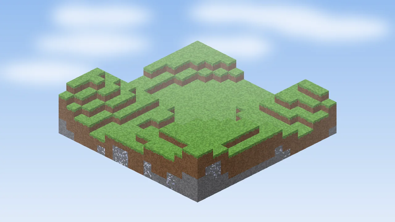 Overworld terrain Grassy Minecraft terrain with exposed platinum ore in the cliffs