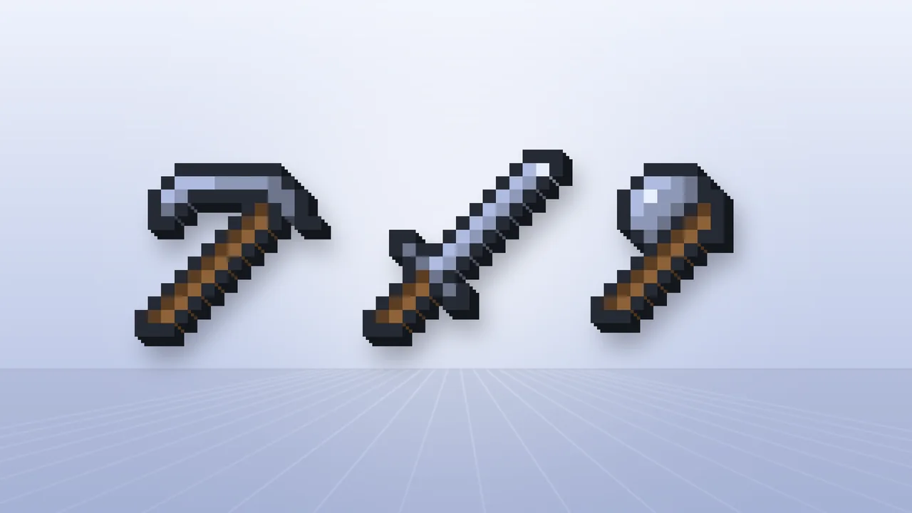 Platinum tool set Platinum pickaxe, sword and axe rendered in pixel style